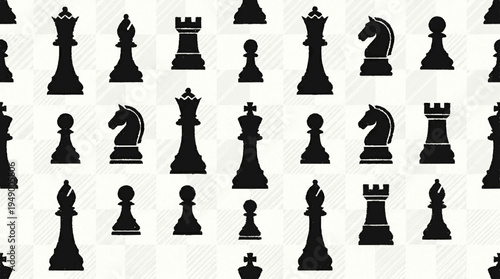 Seamless pattern of black chess pieces on white background for design