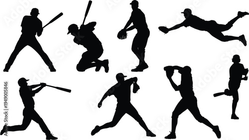 baseball player silhouettes set, athletes batting pitching catching diving running action poses, sports figures isolated vector collection illustration