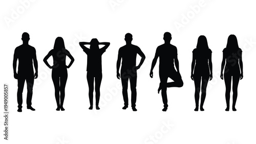 A group of seven silhouetted people standing in a row against a white background, showcasing diverse poses and attire, conveying a sense of individuality and unity.
