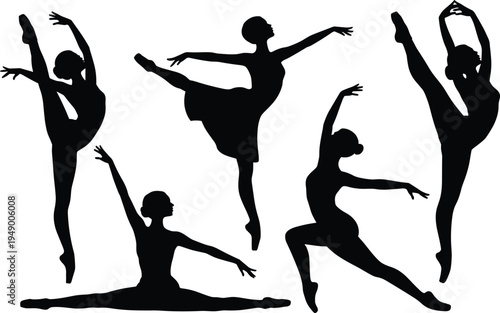 Ballet dancer silhouettes collection, elegant ballerina poses, classical dance movement, graceful female performers isolated on white background for art design