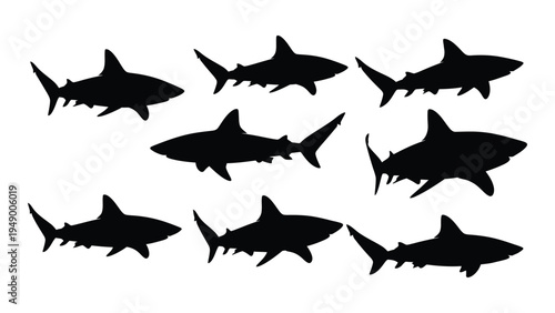 A group of shark silhouettes swimming together in the ocean, a school of fish, marine life, underwater creatures, black and white illustration, oceanic animals