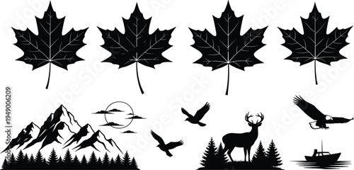 Vector illustration of a black silhouette of a girl and a man standing near a deer and birds in a wild forest landscape with a sunset sky and trees