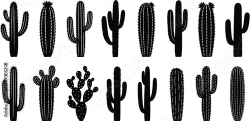 A diverse vector set of green saguaro cacti and succulents thrives under a blue Arizona sky in a sharp arid desert landscape of the hot Mexican southwest