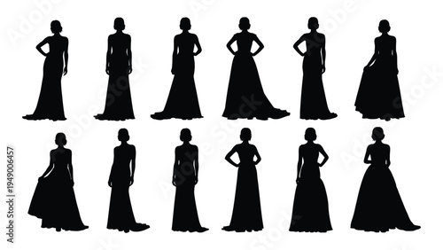 Collection of elegant black silhouettes of women in various formal gowns and evening dresses, showcasing different poses and styles for fashion and design inspiration
