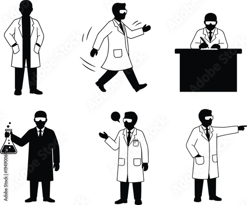 Various scientist poses and activities, including standing, walking, working at a desk, and holding beakers, a silhouette collection for science