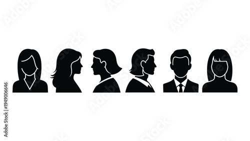 A group of five business professionals in formal attire depicted in black silhouette against a white background, representing teamwork and collaboration in a corporate setting.