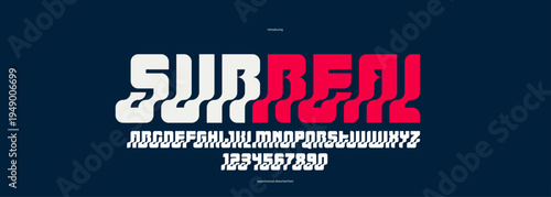 Bended and deformed display font for logos and posters, vector distorted and twisted typeface for headlines and advertising, letters and numbers alphabet typography.