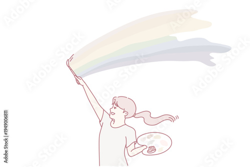 Happy teenage girl paints rainbow in sky with brush and palette with paints person to make nature better. Smiling schoolgirl in casual t-shirt rejoices in good weather. Flat vector design