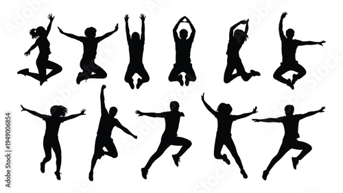 Collection of diverse silhouette figures in various jumping and leaping poses