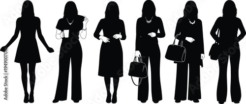 Women silhouette vector illustration set, diverse female poses in various clothing, business, casual, and formal styles
