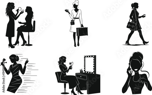 Women's beauty and business silhouette set, showing makeup application, using mirrors, and busy professionals with handbags for modern female life