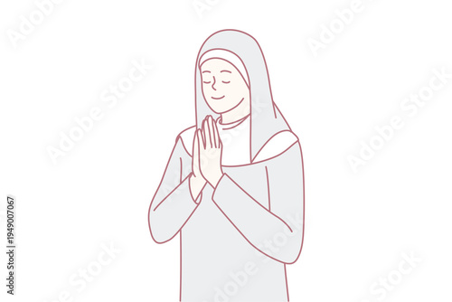 Positive woman in clothes of catholic nun closing eyes praying turning to God for help or advice. Praying girl with palms clasped in front of chest performs religious ritual. Flat vector illustration