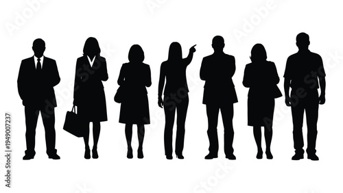 A group of business professionals standing in a line, various poses and attire, silhouettes against a white background, representing a corporate or office setting