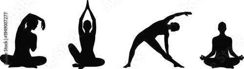 Yoga poses silhouettes. Set of various yoga postures for women, including sitting and stretching exercises, vector illustration