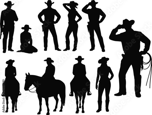 Cowboy silhouettes set, western ranch riders with horses and lasso, wild west cowboy poses, rodeo vector collection illustration