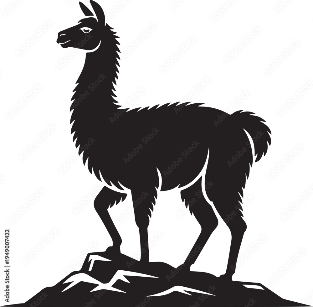 Fototapeta premium Black Llama Silhouette Standing on Rocks - Vector Illustration