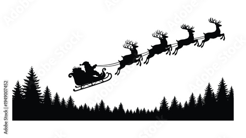 A festive christmas scene: santa's sleigh ride through a snowy forest at dusk on a winter evening with reindeer leading the way