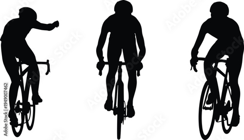 Cyclist silhouettes set, road bike riders collection, cycling sport action, professional bicycle racing athletes, black vector illustration isolated