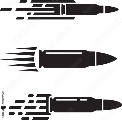 Three different styles of black silhouettes of flying bullets moving at high speed on white background