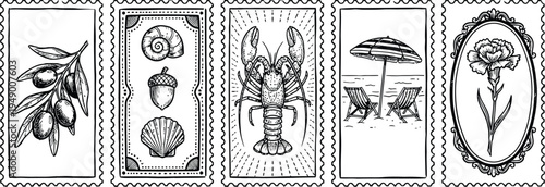 Set of vintage postage stamp illustrations featuring marine life beach elements and olive branch
