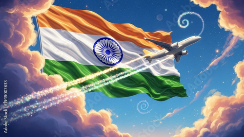 A digital artwork showing the Indian flag amidst fluffy pink clouds with an airplane leaving sparkling, magical rainbow trails in a starry sky.