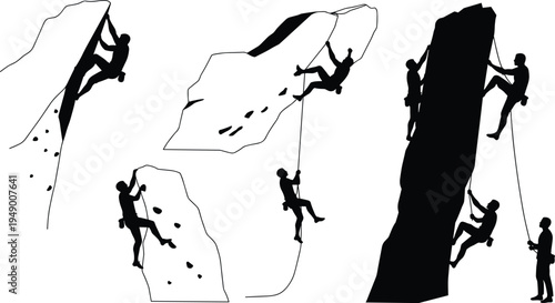 Silhouettes of Rock Climbers and Mountaineers on a Steep Cliff Face, Vector Illustrations of Men Scaling Mountains with Ropes