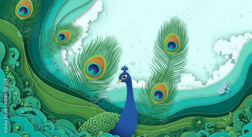 A beautiful 3D paper-cut style illustration of a blue peacock, the national bird of India, surrounded by stylized feathers and green waves.