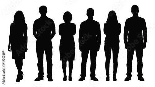 A group of six silhouetted people standing in a line, showcasing diverse business attire and poses against a plain white background for a professional and modern aesthetic