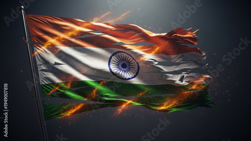 A dramatic, cinematic representation of the Indian Tricolored flag, torn and weathered with glowing embers and fire sparks against a dark background.