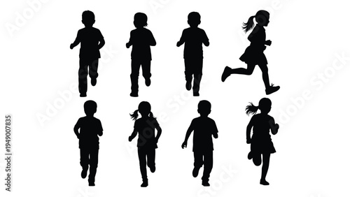 A group of children running in different poses, showcasing various athletic movements and energetic actions in a playful and dynamic scene.