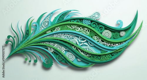 An intricate 3D paper-cut illustration of a stylized peacock feather featuring complex patterns and varying shades of green and teal.