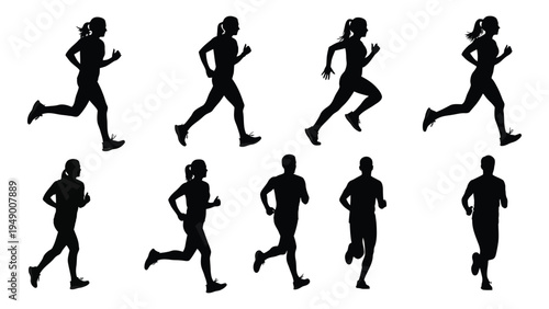 Collection of diverse runners in various poses and running styles on a clean white background for fitness and sports illustrations