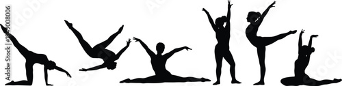 Gymnast silhouettes set, female gymnast performing splits flips and balance poses, rhythmic gymnastics sport action vector illustration collection