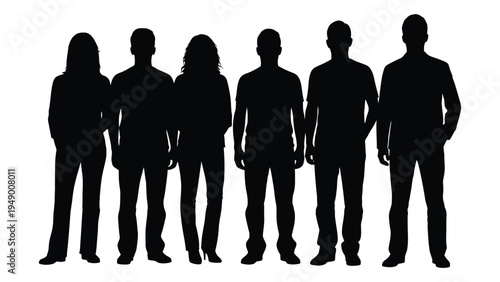 A group of six people standing in a line, depicted in black silhouette against a white background, conveying a sense of unity and solidarity, possibly representing a team, family, or community