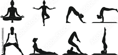 Silhouettes of Women in Various Yoga Poses, Vector Illustrations of People Meditating and Exercising for Health and Wellness