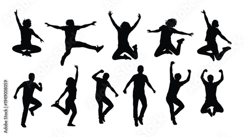 Collection of black silhouette illustrations of people in various dance and movement poses