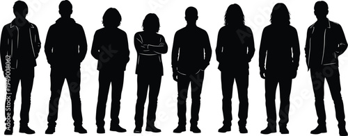 Silhouettes of standing people in casual wear, diverse group figures, vector illustration for design, urban lifestyle concept