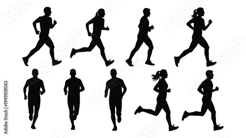 Collection of black silhouettes of people running in various poses on white background for fitness and sports illustrations
