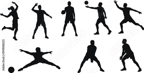 Sports silhouette cad drawing flat vector illustration, athletic icons performing jump, throw, catch poses, front view dynamic action layoutSports silhouette