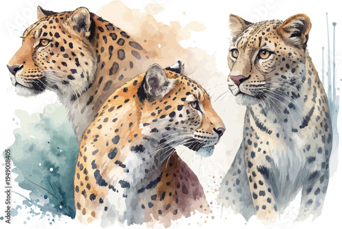 Hand-Painted Leopard, Wild Cat Watercolor Vector, White Background Clipart
