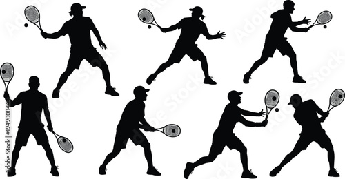 Tennis player silhouette vector illustration set, male athletes in various poses, including serving, hitting, and returning the ball