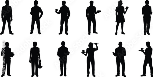 Waiter and waitress silhouettes vector set, restaurant service staff holding tray and coffee, hospitality worker illustration icons