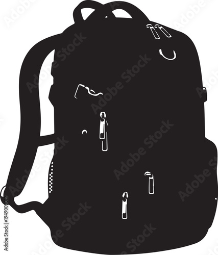Vector illustration of a black backpack with white zippers and buckles