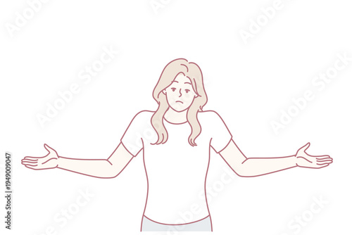 Unsure woman throws up hands demonstrating lack of correct answer to question asked. Non-professional girl in casual clothes shows lack of solution to problems that have arisen. Flat vector image