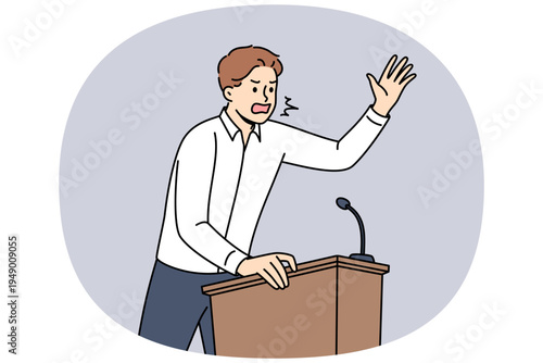 Fiery politician shouts into microphone, standing behind podium and expressing far-right ideas to improve people lives. Fierce left-wing politician insults opponents to win pre-election debate