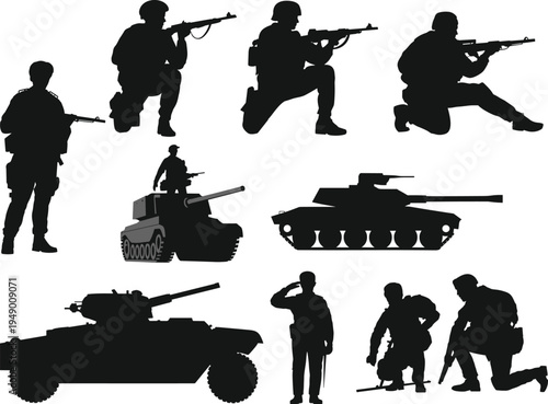 military soldier silhouettes collection, army troops with rifles tanks armored vehicle combat poses, defense forces isolated black vector set
