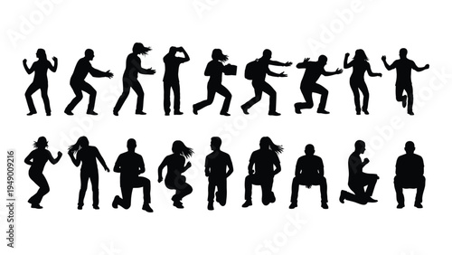 Collection of diverse human silhouettes engaged in various dynamic poses and actions