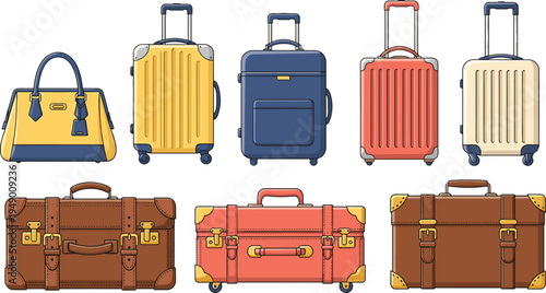 Travel luggage collection with suitcases rolling bags handbag and vintage trunks colorful baggage set tourism flat vector illustration