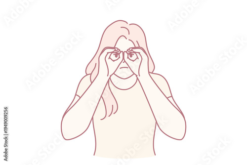 Curious woman looking at screen using hands instead of binoculars wants to know someone else secret. Focused lady raises palms to eyes to get closer look at distant object.. Flat vector image