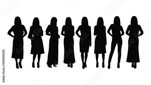 Seven women silhouettes standing in a row with hands on hips wearing various outfits and high heels on white background